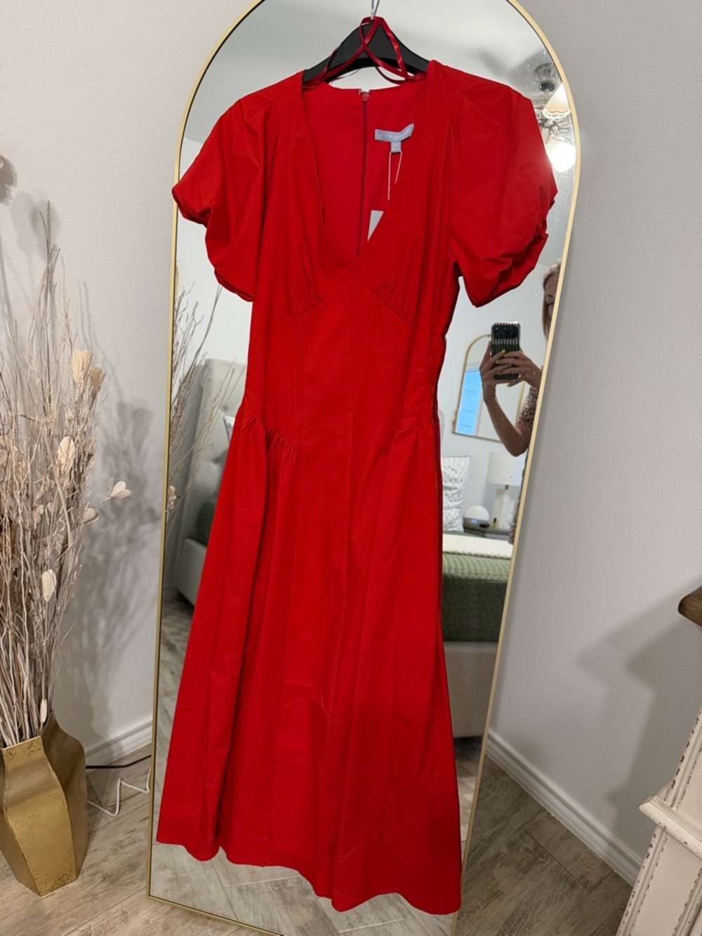 ANTONIO MELANI Red Midi Dress with Puff Sleeves